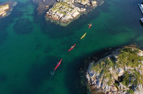 Kayakers padling thrugh archipelago, drone picture