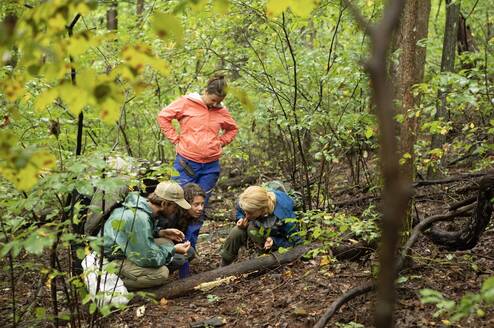 An instructor shows students how to find identify wild edibles. 