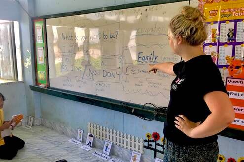 Teacher pointing to white board