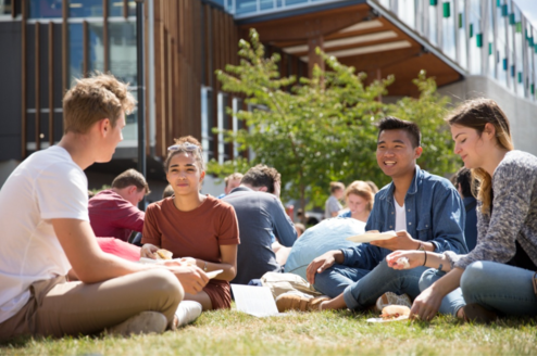 Group of students sitting together on grass 
