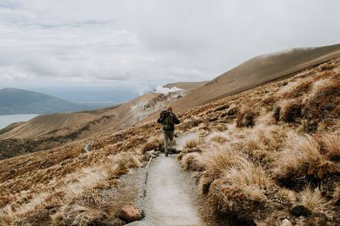 A person walks on a hiking trail in New Zealand.