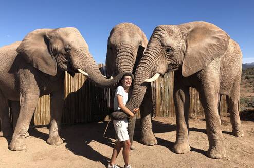exchange student enjoying time with wild elephants in Africa