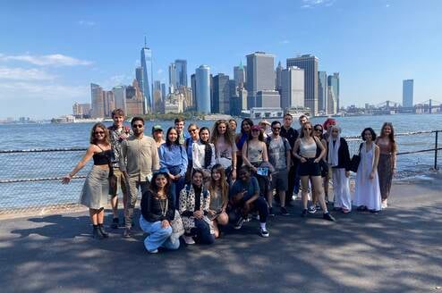 Group of students in front of lower Manhattan