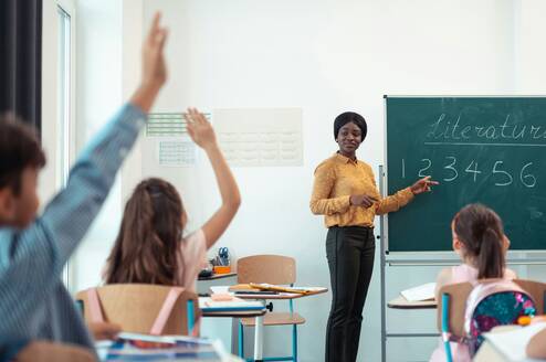 A student raising their hand to their teacher in the classroom