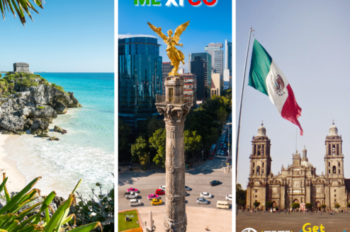Three scenes of Mexico: beach, Mexico city and historical downtown 