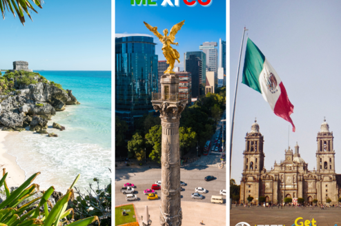 Three scenes of Mexico: beach, Mexico city and historical downtown 