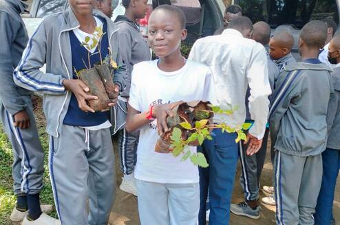 children receiving tree seedlings
