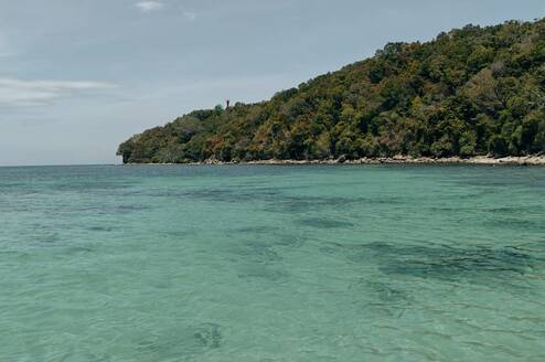 A tranquil view of Pandan-Pandan Island’s crystal-clear, untouched waters gently meeting the lush, forested shoreline. 