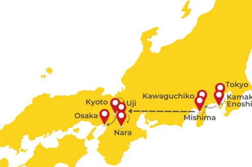 Map with cities: Tokyo, Kamakura, Enoshima, Kawaguchiko, Uji, Nara, Kyoto and Osaka.