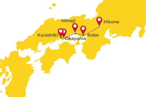 Route with cities to visit. Hikone, Kobe, Himeji, Okayama and Kurashiki.