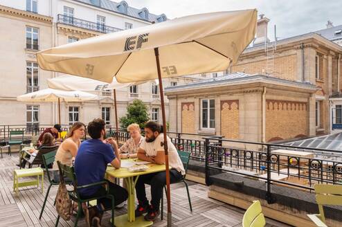 EF language year abroad students studying on the rooftop patio at our language school