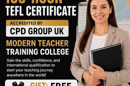 Promotional poster for a 150-Hour TEFL Certificate by Modern British Academy and Modern Teacher Training College, accredited by CPD Group UK. The image features a smiling female instructor in a blazer holding a black folder, alongside text advertising a "GIFT: FREE IELTS PREPARATION COURSE" with logos for Ofqual Regulated, The CPD Group, and Modern Teacher Training College London.