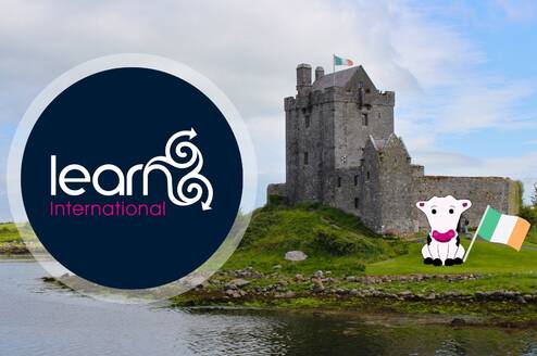 Irish castle with Learn International logo and mascot Cow