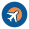 Circular blue and orange logo with airplane