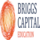 BRIGGS CAPITAL EDUCATION: every letter in CAPS, briggs and capital are blue navy, and education is orange, the circle is orange