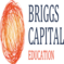 BRIGGS CAPITAL EDUCATION: every letter in CAPS, briggs and capital are blue navy, and education is orange, the circle is orange