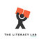 Figure holding book, standing over the words "The Literacy Lab"