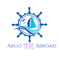 A dark blue ship wheel with a light blue ship in the middle with small blue birds floating above the mast. The brand name is Argo TEFL Abroad.