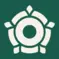 An off white rose logo on a deep green background