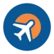 Circular blue and orange logo with airplane