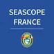 Blue barckground, with the writing Seascope France on white in 2 lines