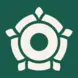 An off white rose logo on a deep green background