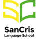 Logo de SanCris Language School: Libro abierto verde con hojas.