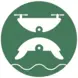 DELT Logo: silhouette a drone on top of a sea turtle in white, on a green background