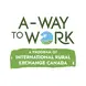 The A-Way To Work logo in the primary colour, green text and the o as the round logomark of an airplane and green field and blue sky. Right underneath is a brush rectangle with the text "A program of international rural exchange canada in all caps.