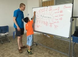 Photo of Volunteer and Child in a Classroom