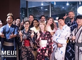 Trying on traditional Japanese Yukata with our Meiji Interns