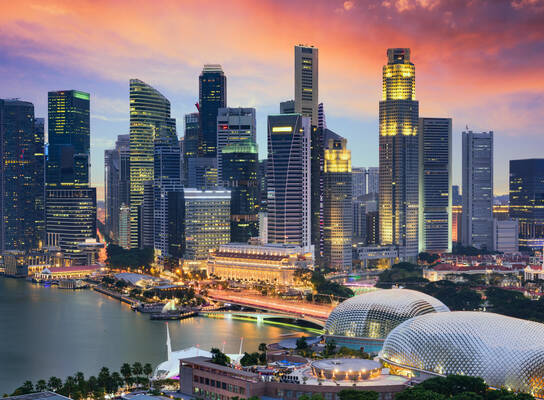 City of Singapore buildings at sunset.