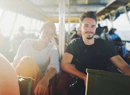 Two volunteers on a Travel van heading to Victoria Falls.