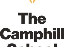 Yellow Camphill Logo: a roof or wing like image, with a white center in the middle. In black bold letters: "The Camphill School"
