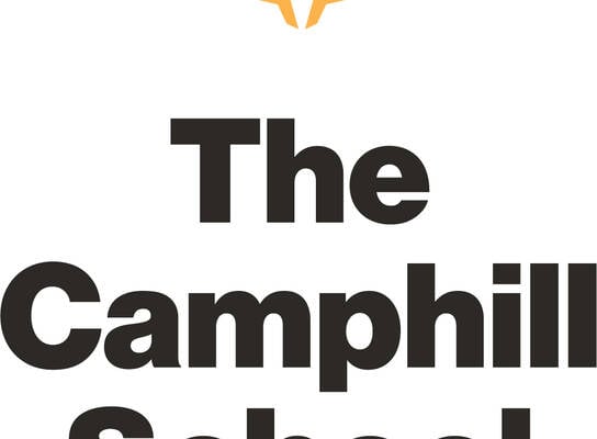 Yellow Camphill Logo: a roof or wing like image, with a white center in the middle. In black bold letters: "The Camphill School"