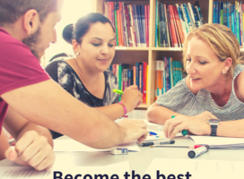 Teacher working with two learners. Text: Become the best teacher you can be