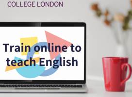 Laptop with the phrase 'Train online to teach English'