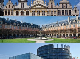 Horizontal images of ornate rooftops, a square with fountain, and a modern building