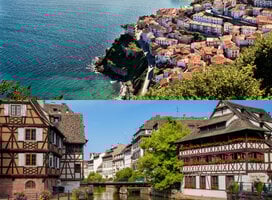 Top image: green coastline with red rooftops of a town Bottom image: Two timber-framed houses reflected in a canal 
