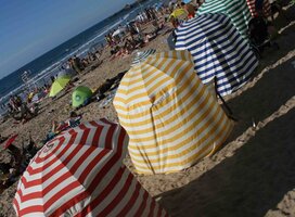 Senic and historical canopies on the Main Beach in Biarritz, France