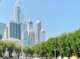 Students on the green AUD campus with the Dubai skyline in the background.