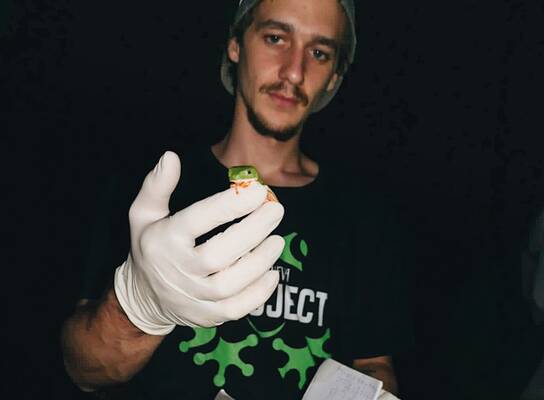 Marcos with Phyllomedusa camba for Frogject Research
