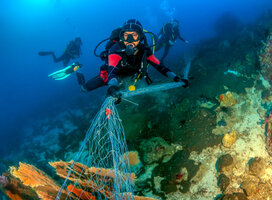 Scuba diver working on marine conservation in Krabi Thailand