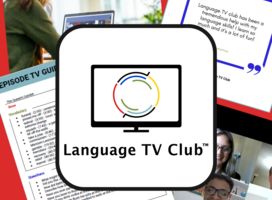 collage of language tv club logo, person attending club, testimonial, episode guide and zoom call