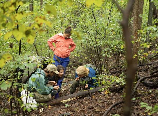 An instructor shows students how to find identify wild edibles. 