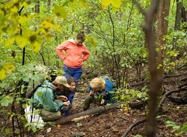 An instructor shows students how to find identify wild edibles. 