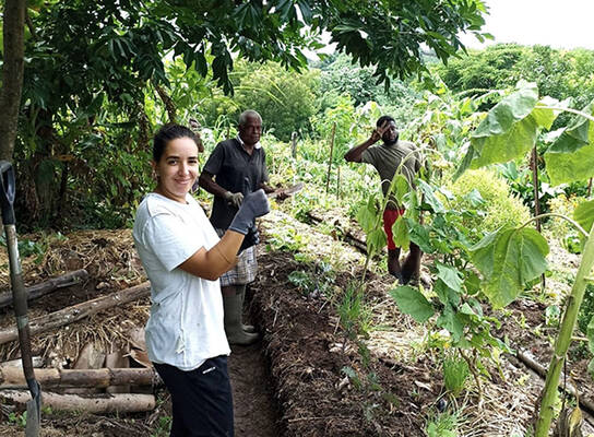 Group standing in vegetable garden 