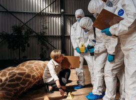 Students in PPE surround instructor and taxidermized giraffe during a mock crime scene demonstration within the WFA facility