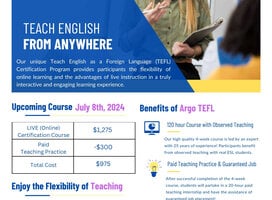 A flyer depicting the Argo TEFL Abroad Certification course details