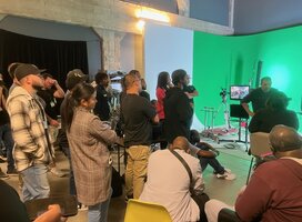 Filming a commercial using a green screen in the school's soundstage